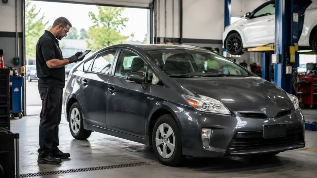 Realistic hybrid vehicle service garage image for a Hysincere blog article about sodium-ion batteries for HEVs and Prius technology.