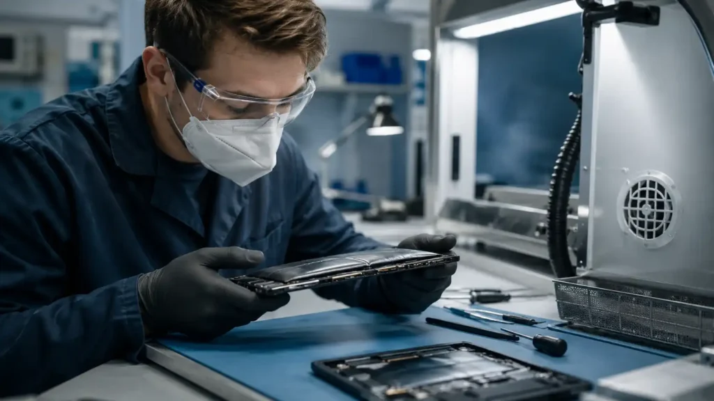 Realistic electronics safety testing image for a Hysincere article about the main hazards of 3C lithium-ion batteries.