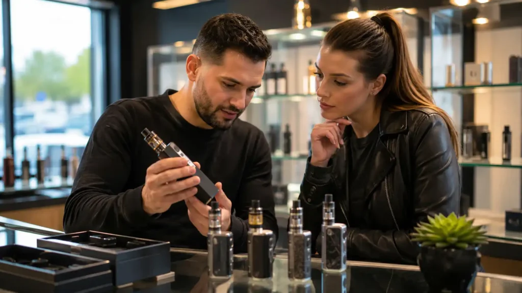 Realistic adult vape showroom consultation image for a Hysincere B2B guide about dual 18650 box mods.
