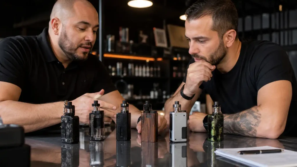 Realistic adult vape product review scene for a Hysincere guide about 21700 mods including Boro, mech, squonk, and dual-battery devices.