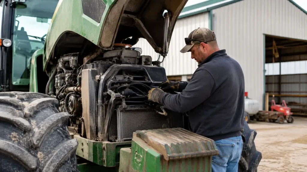 Realistic heavy-duty tractor maintenance image for a Hysincere blog article about 153-5710 and 153-5656 battery specifications.