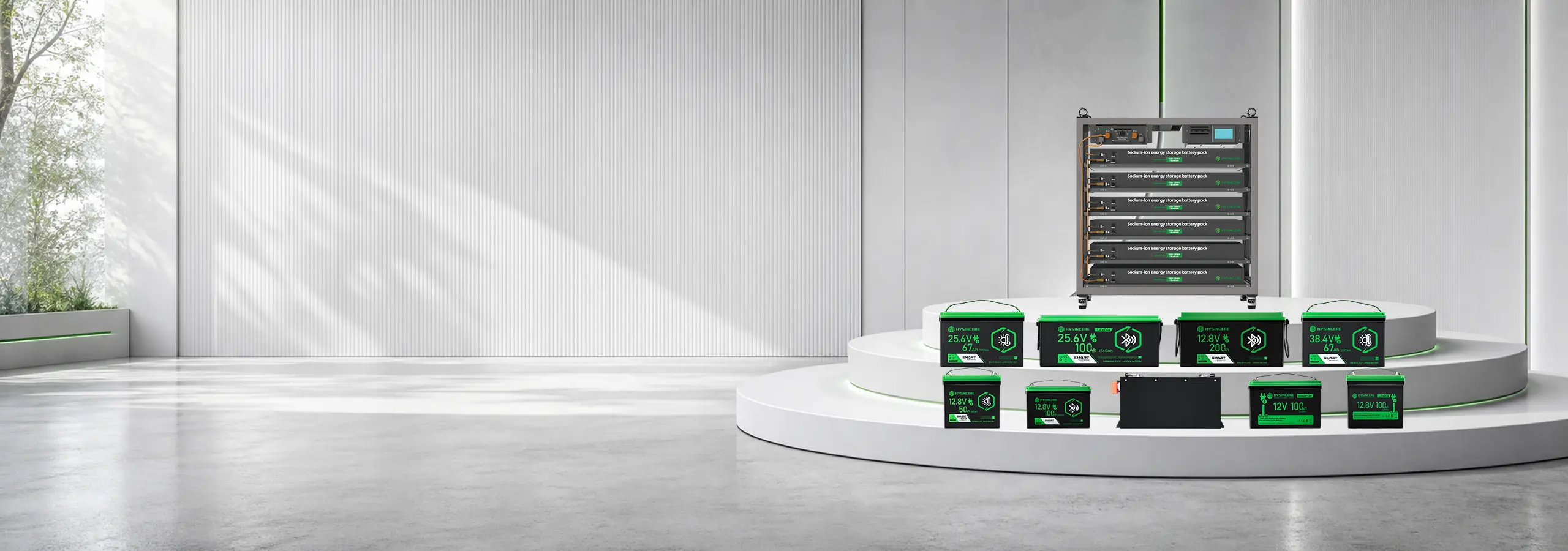 Hysincere energy storage battery product family display including LiFePO4 lead-acid replacement batteries, sodium-ion batteries, golf cart batteries and rack energy storage systems