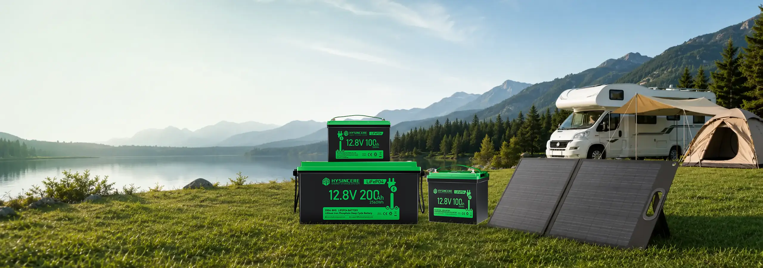 Hysincere LiFePO4 lead-acid replacement battery solutions supplying reliable power for RV camping, solar charging, and off-grid outdoor use.