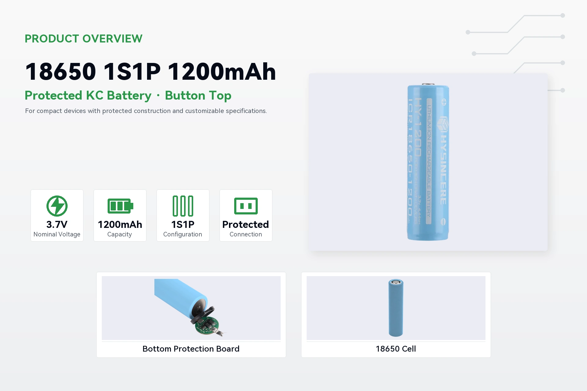 Hysincere 18650 1S1P 1200mAh product overview detail image