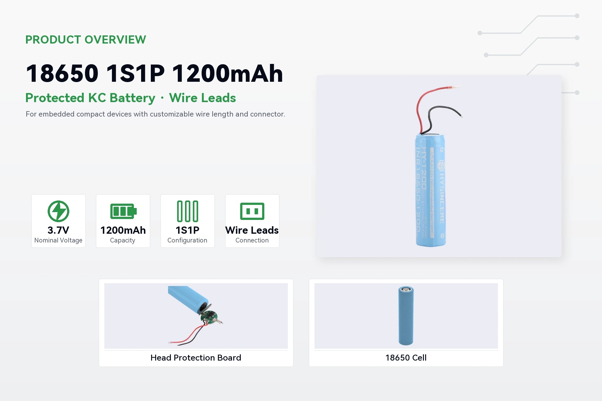 Hysincere 18650 1S1P 1200mAh product overview detail image