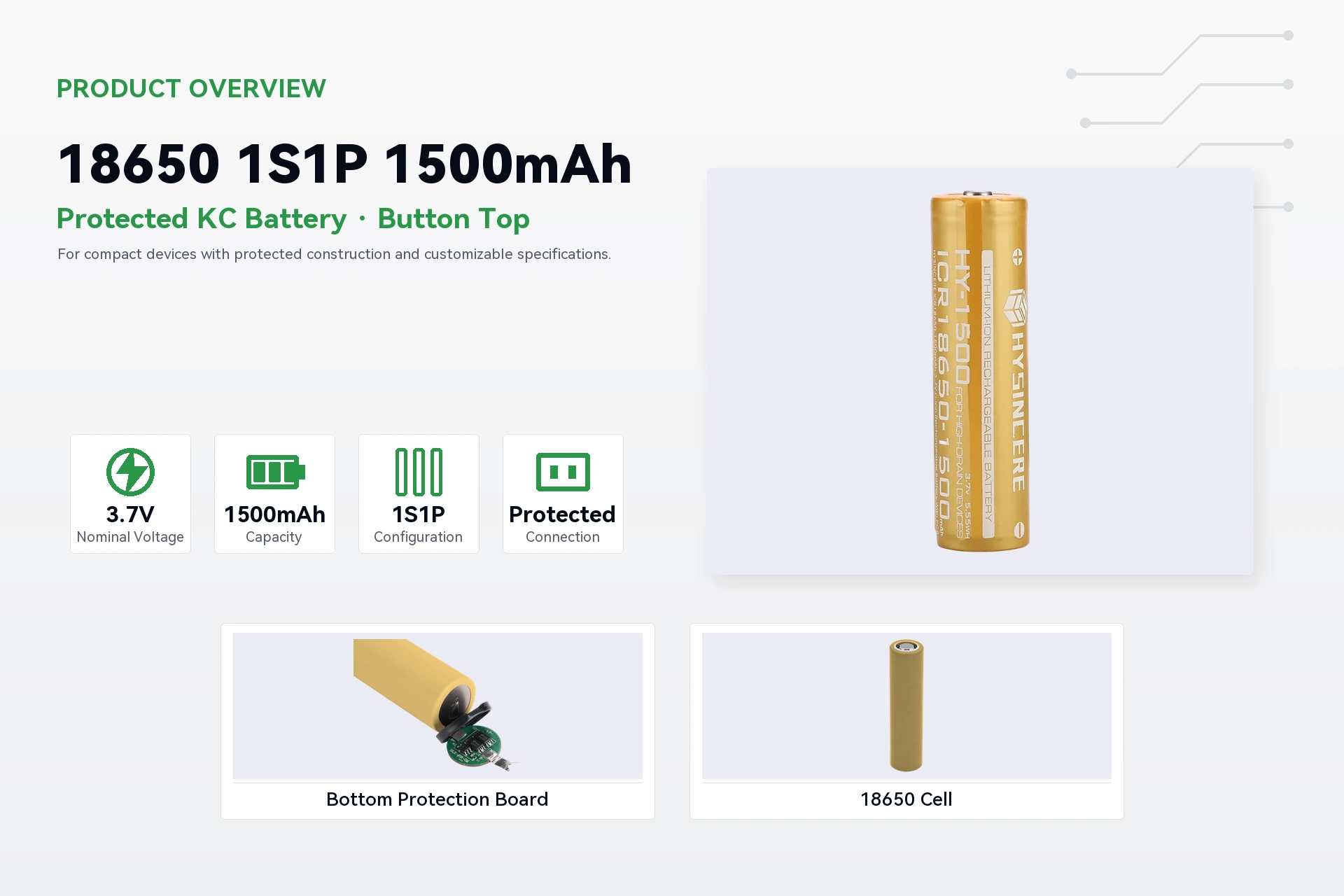 Hysincere 18650 1S1P 1500mAh product overview detail image