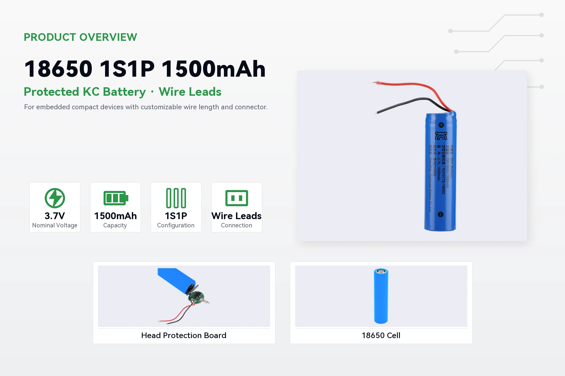 Hysincere 18650 1S1P 1500mAh product overview detail image