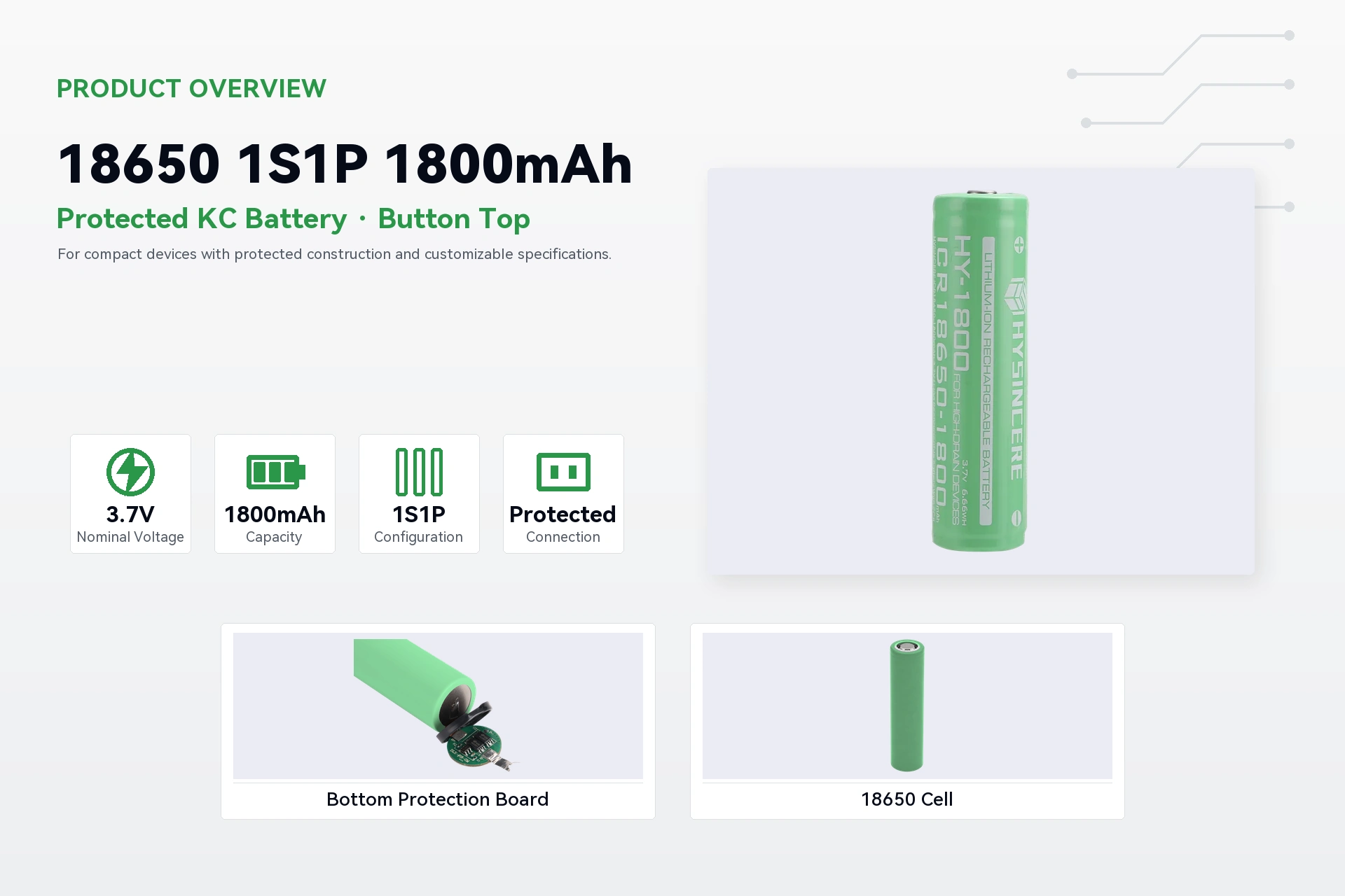 Hysincere 18650 1S1P 1800mAh product overview detail image