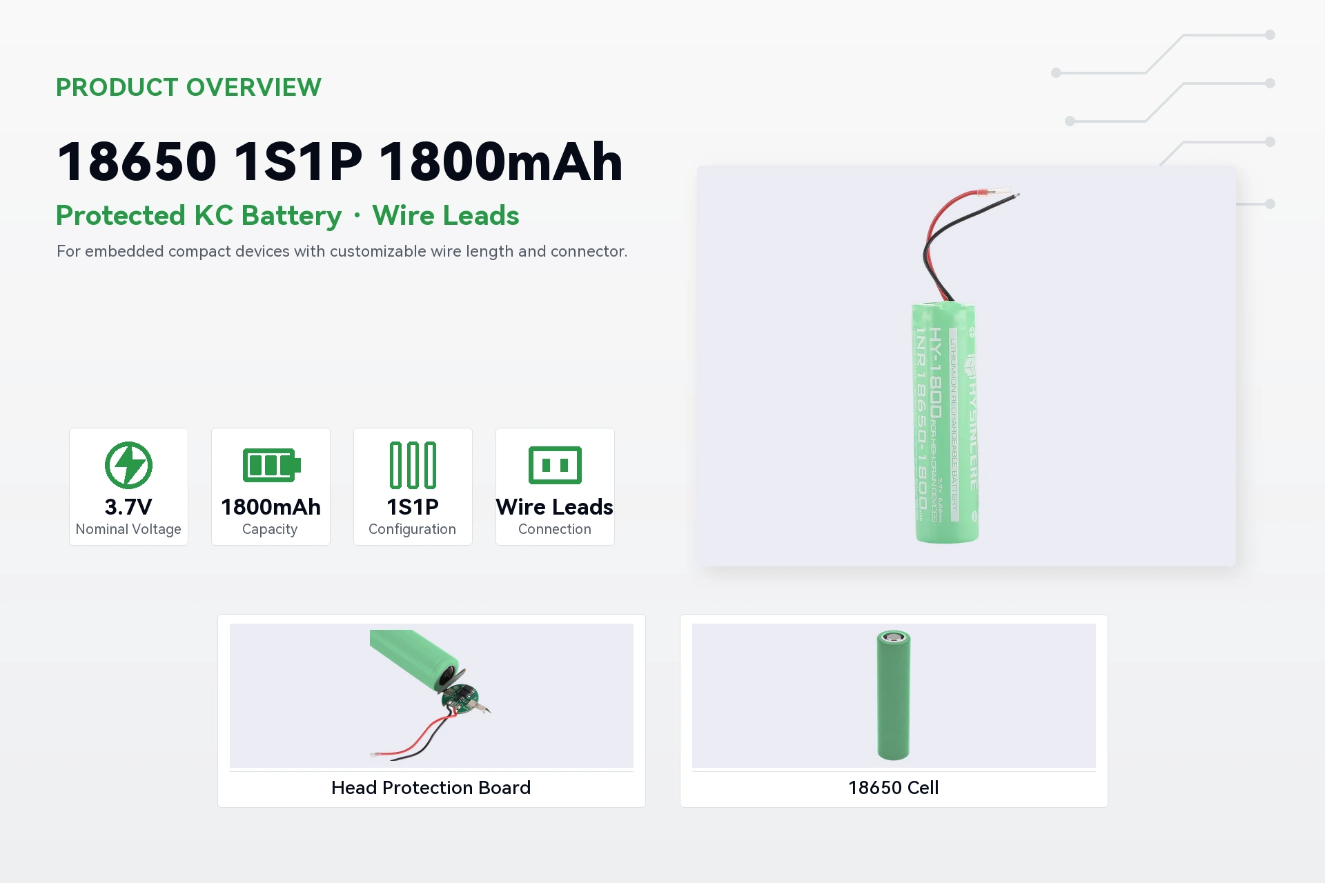 Hysincere 18650 1S1P 1800mAh product overview detail image