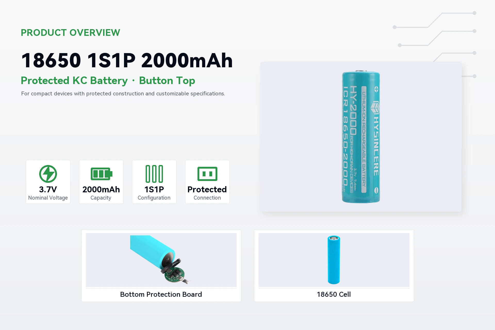 Hysincere 18650 1S1P 2000mAh product overview detail image