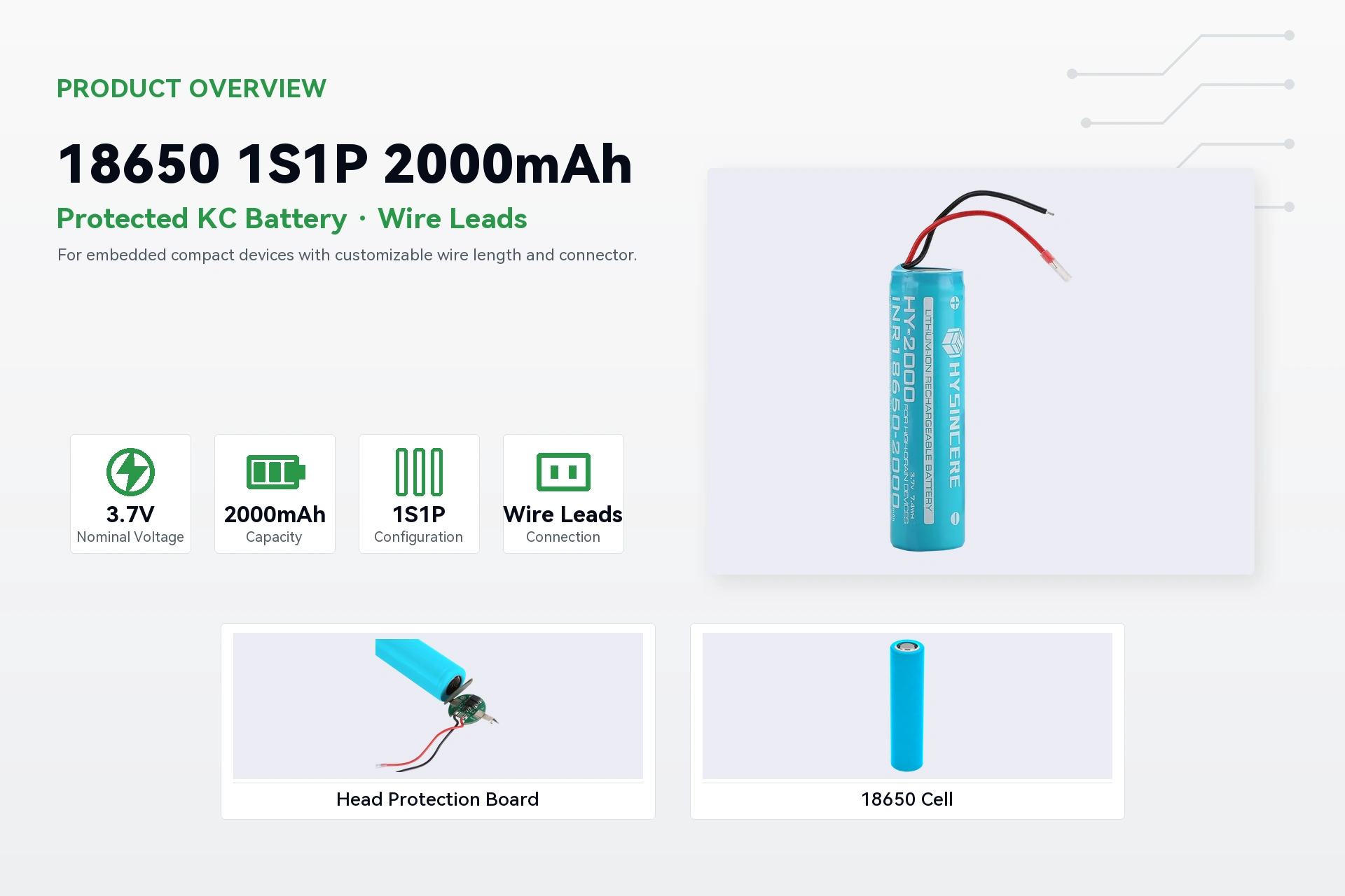 Hysincere 18650 1S1P 2000mAh product overview detail image