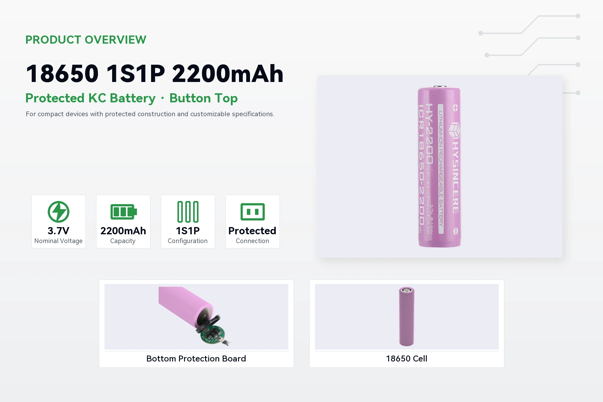 Hysincere 18650 1S1P 2200mAh product overview detail image