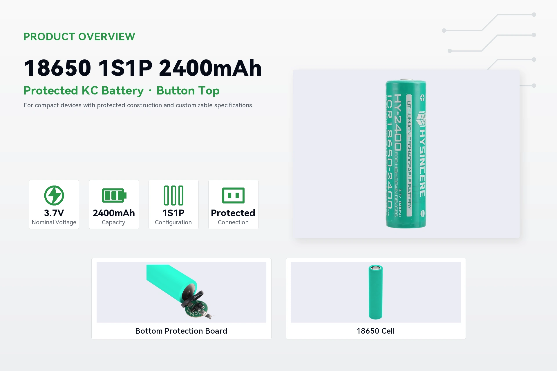 Hysincere 18650 1S1P 2400mAh product overview detail image