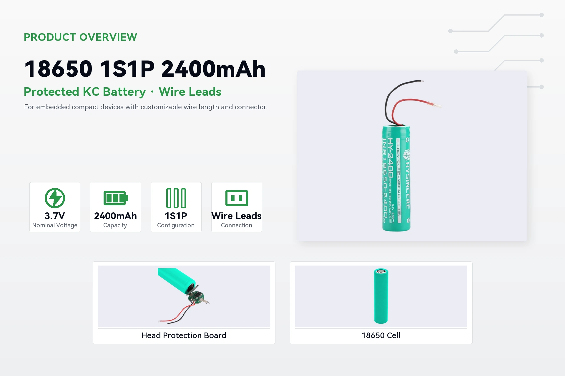 Hysincere 18650 1S1P 2400mAh product overview detail image
