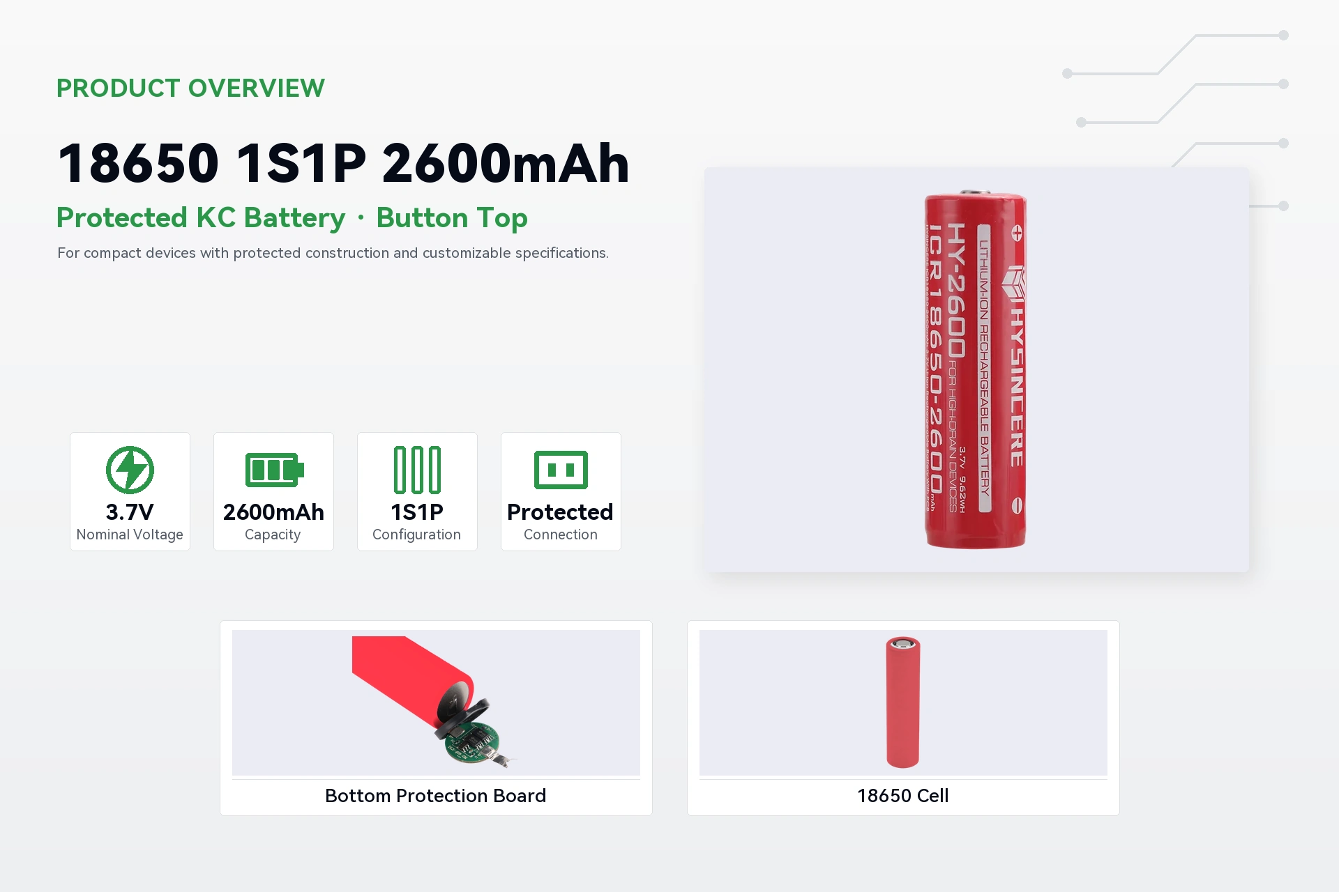 Hysincere 18650 1S1P 2600mAh product overview detail image