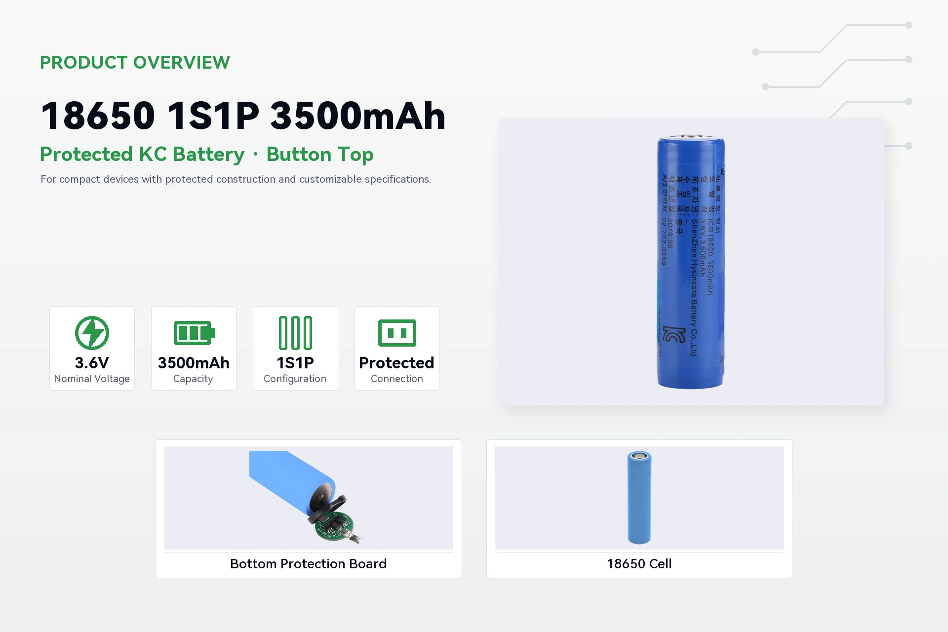 Hysincere 18650 1S1P 3500mAh product overview detail image