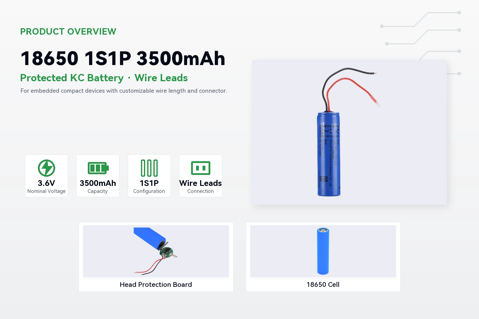Hysincere 18650 1S1P 3500mAh product overview detail image