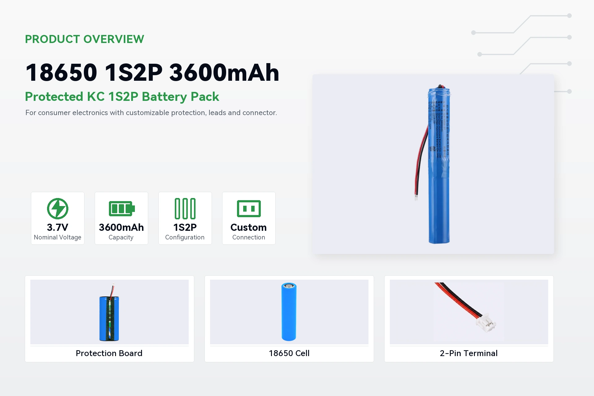 Hysincere 18650 1S2P 3600mAh product overview detail image