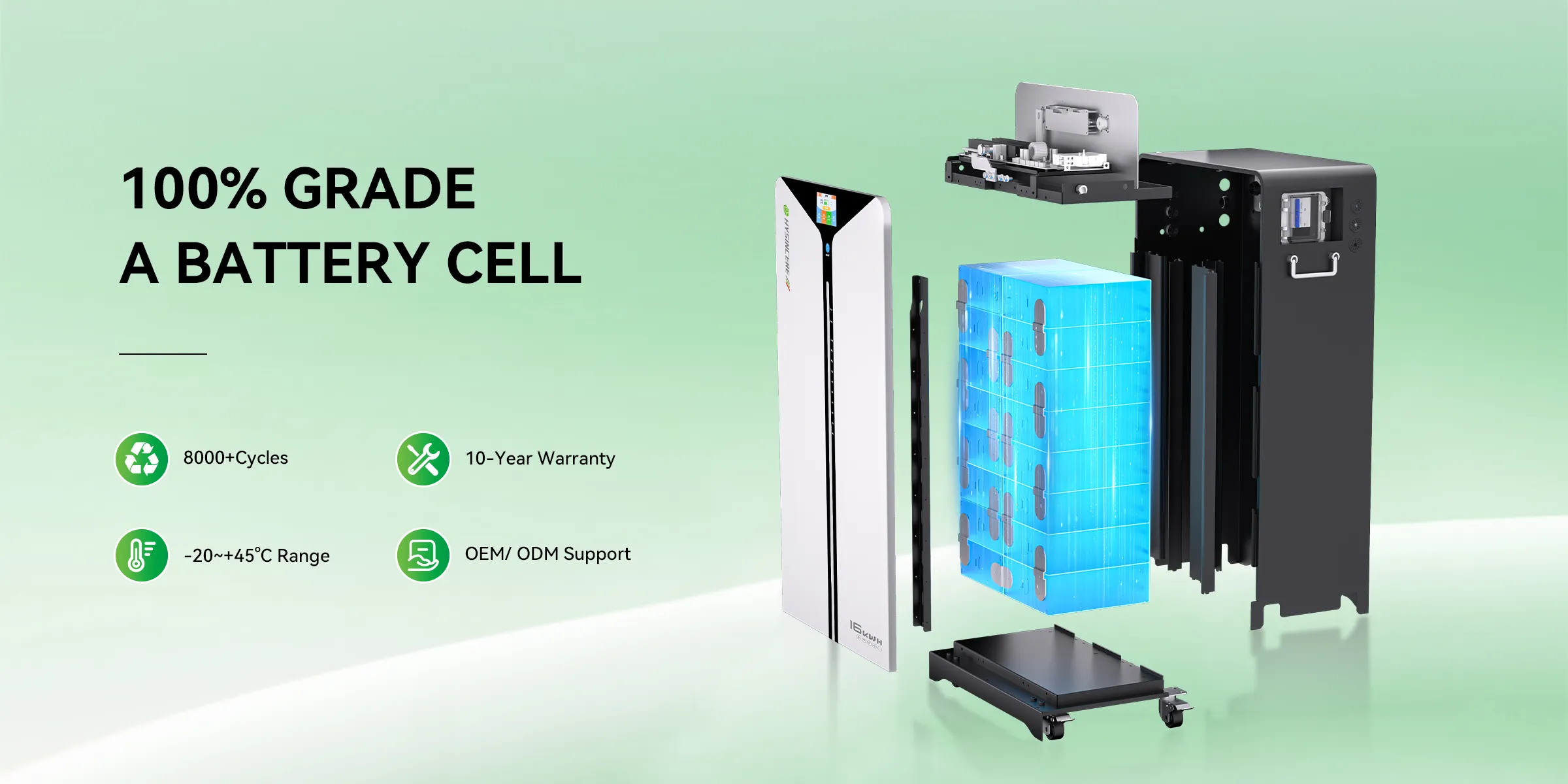 Exploded illustration of a Hysincere home energy storage battery and its internal cells