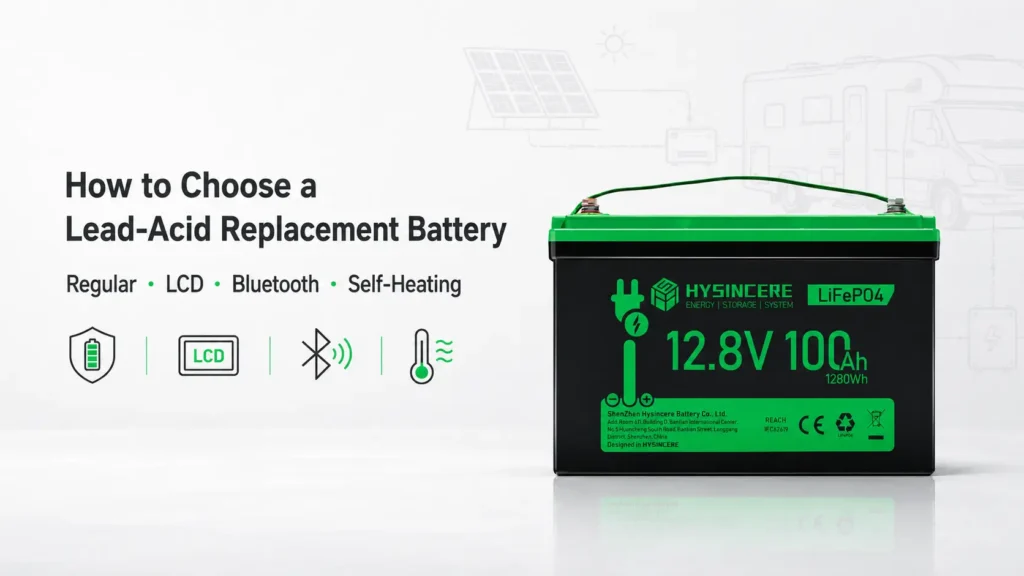 Regular, LCD, Bluetooth, and self-heating LiFePO4 lead-acid replacement battery selection