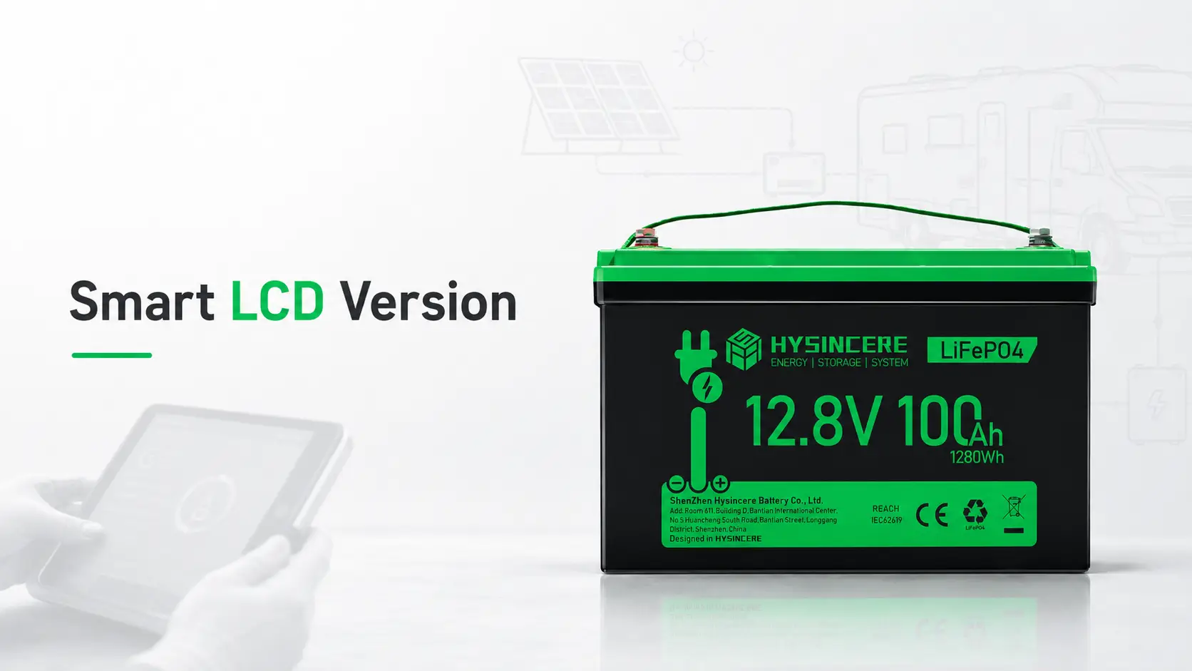 Hysincere Smart LCD lead-acid replacement LiFePO4 battery for local status monitoring