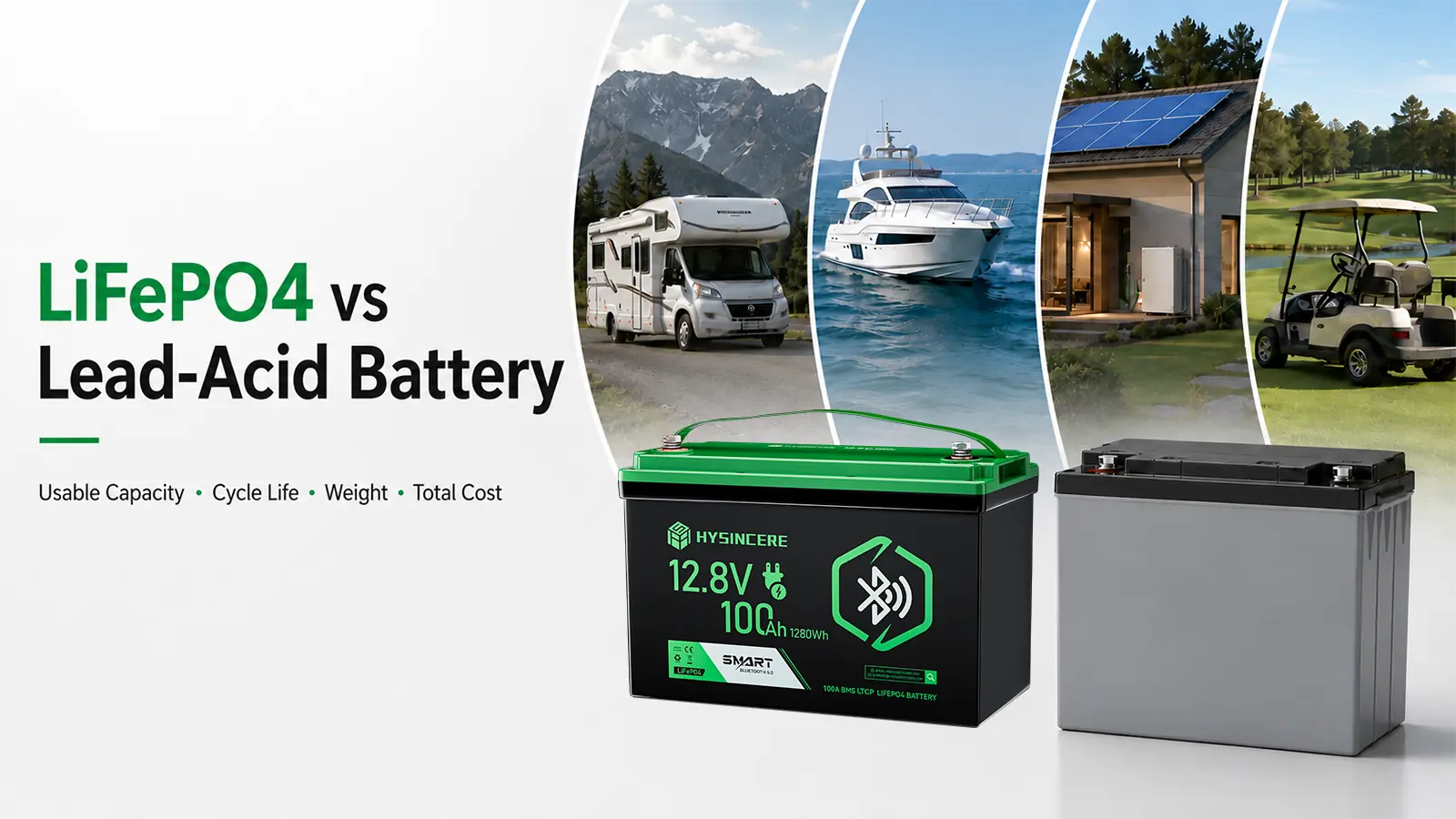 LiFePO4 and lead-acid batteries compared for RV, marine, solar storage, and golf cart applications