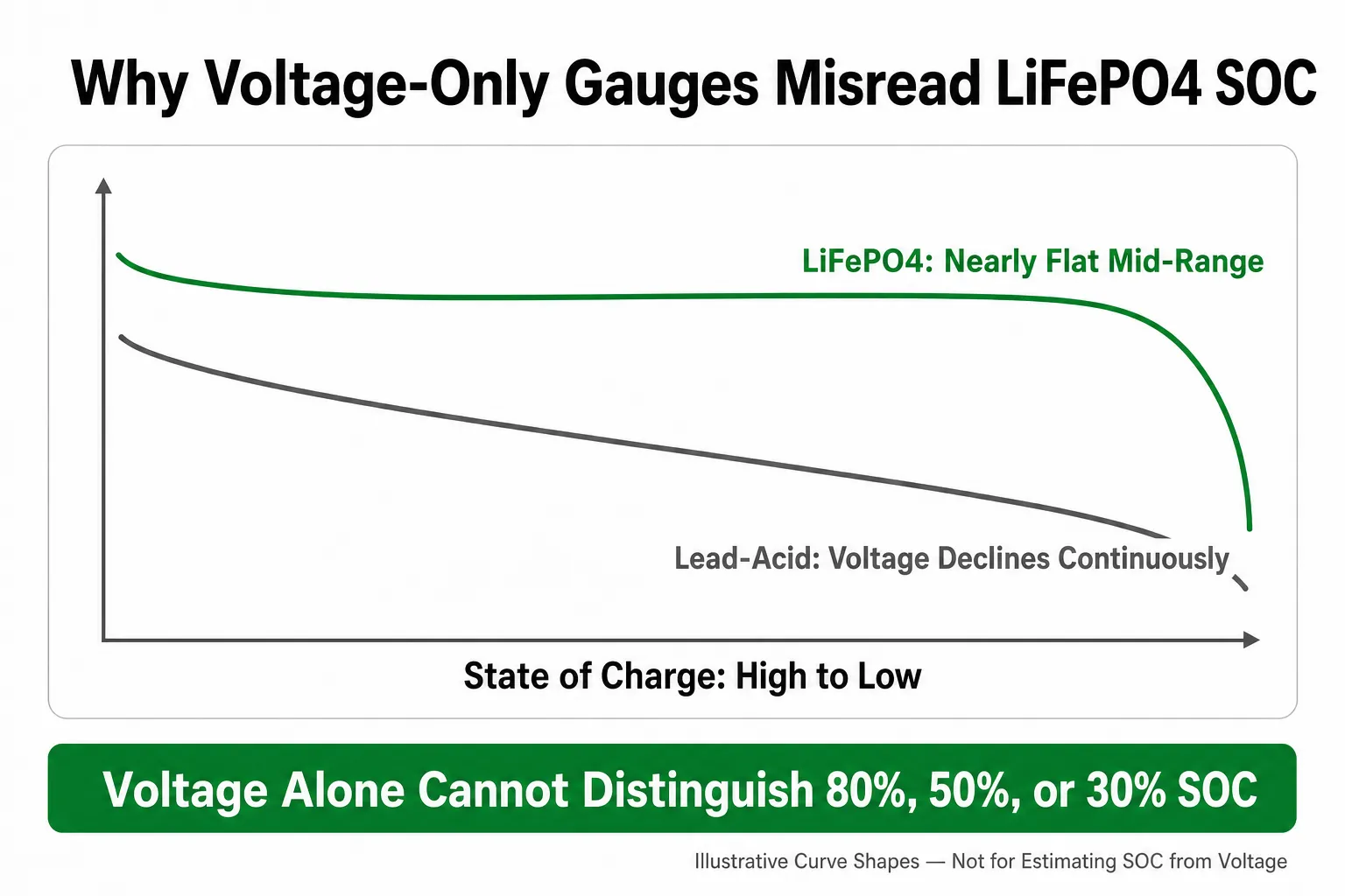 Illustrative comparison of the relatively flat mid-range LiFePO4 discharge-voltage curve and the steadily declining lead-acid curve