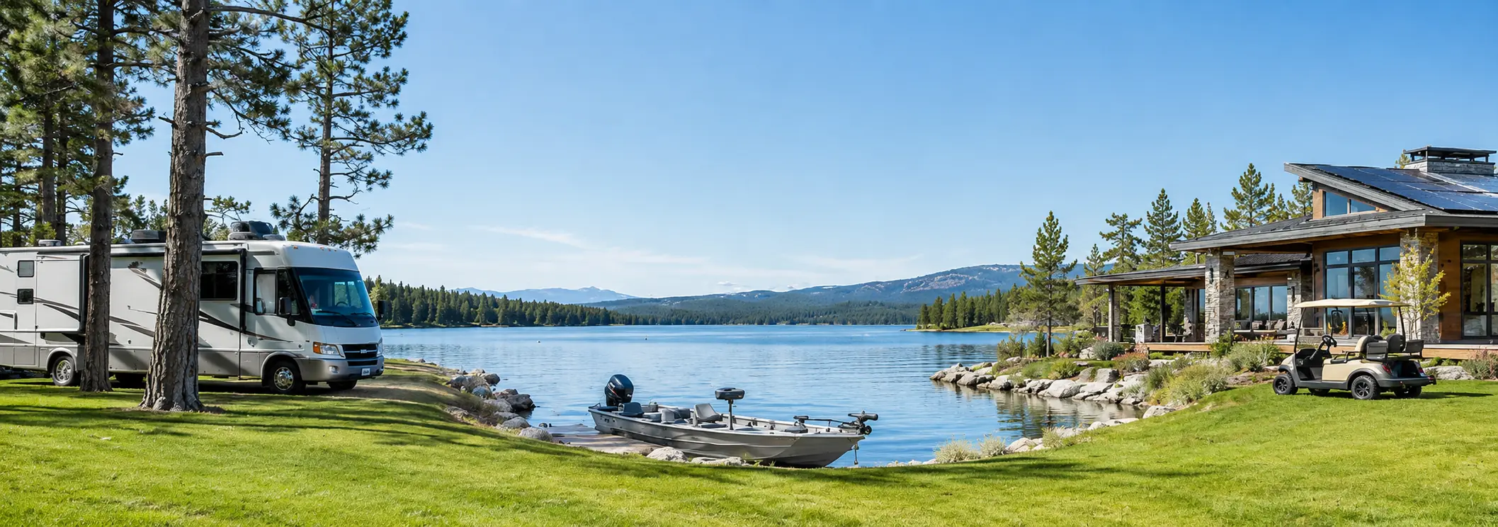 Lakeside battery applications with an RV, fishing boat, solar-powered home and golf cart