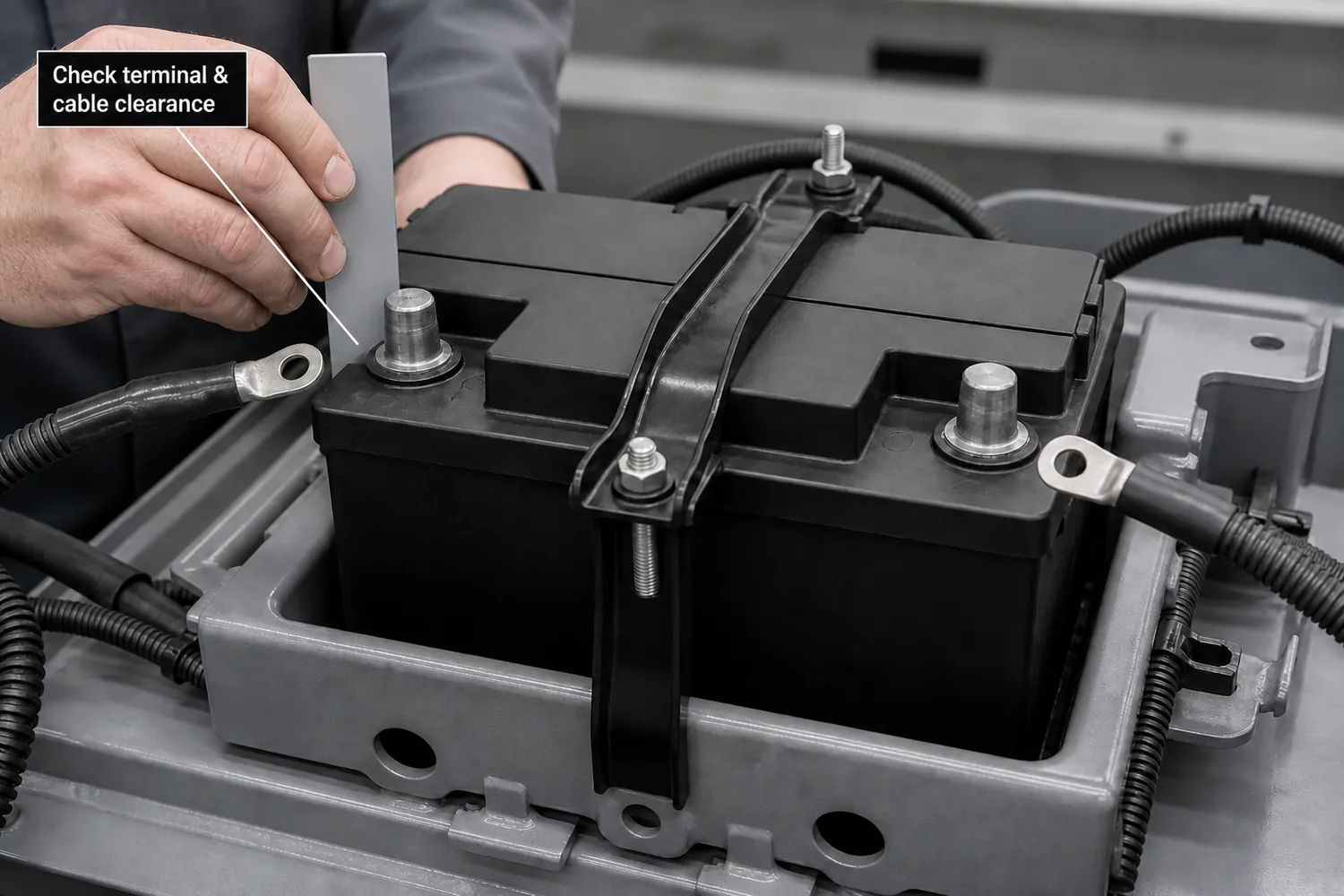 Battery terminal cable clearance and hold-down fitment checked during inspection