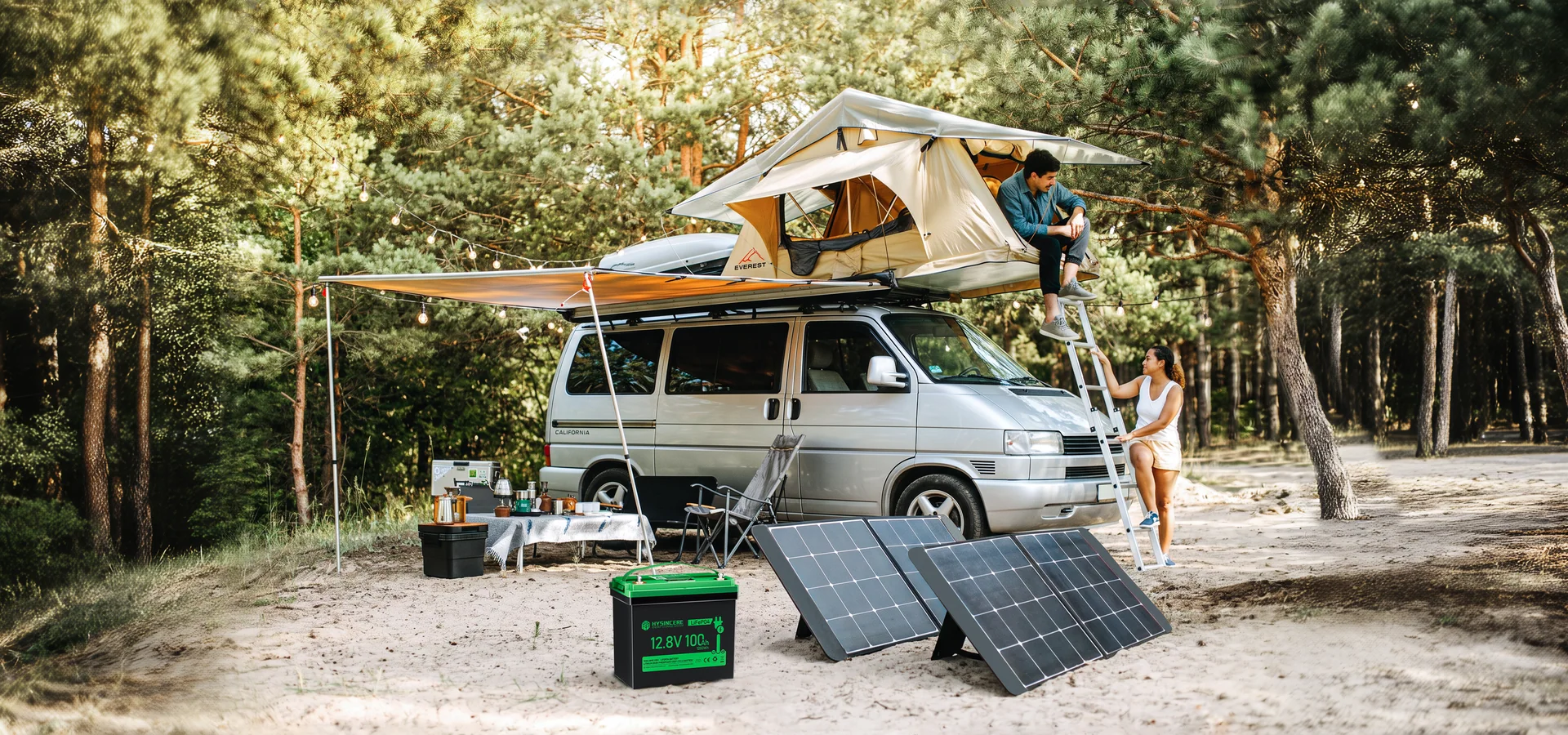 RV solar setup with a Hysincere 12.8V 100Ah LiFePO4 battery and inverter system