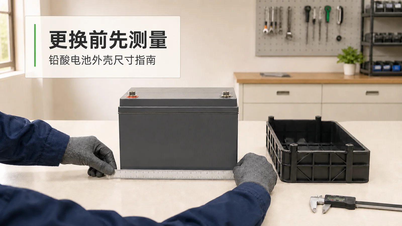技术人员在明亮的工程工作台上测量端正的铅酸电池外壳