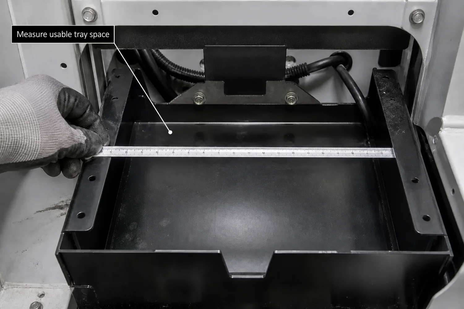 Technician measuring usable battery tray space inside an equipment compartment