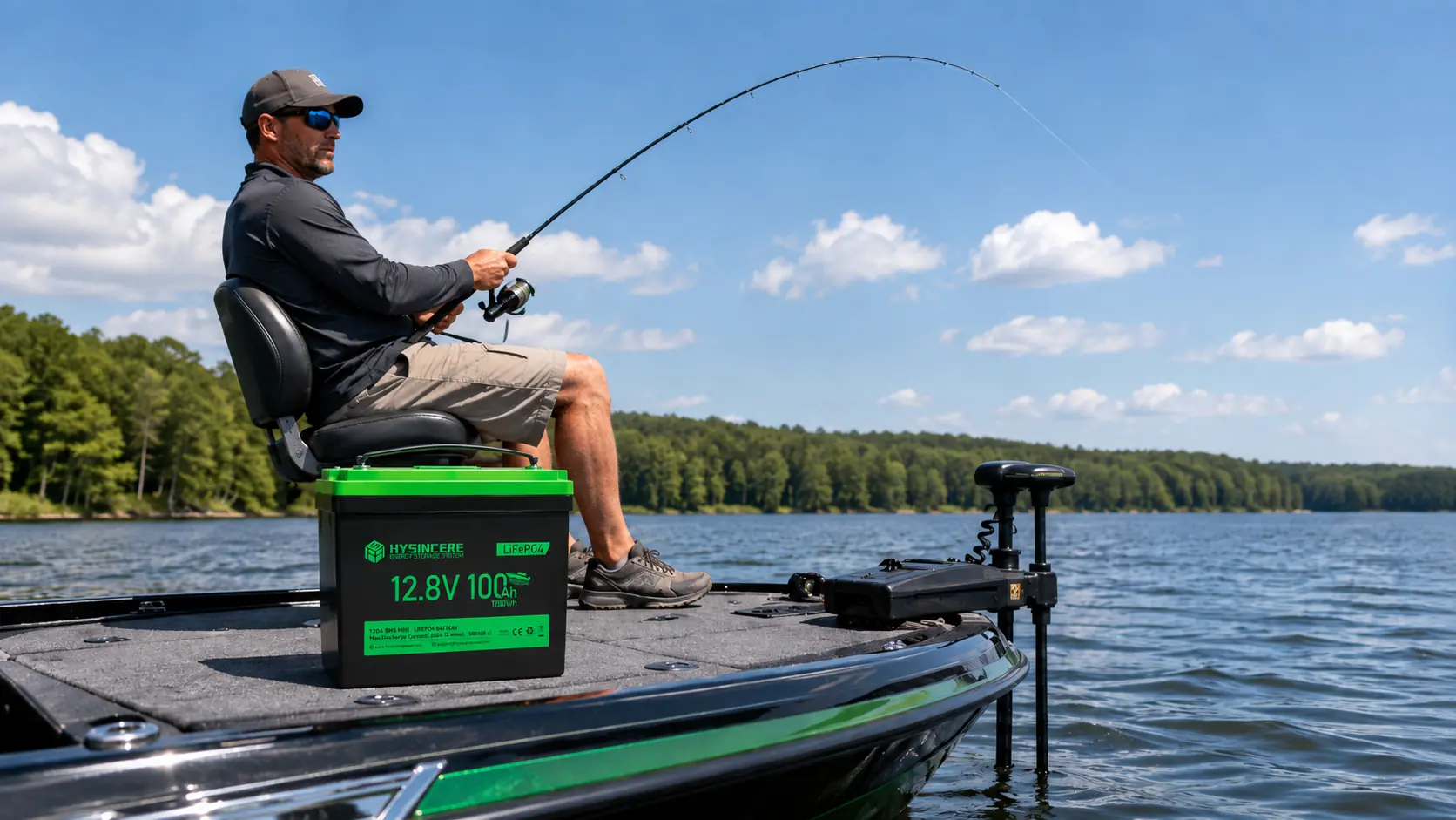 Fishing boat with a bow-mounted trolling motor and Hysincere 12V, 24V and 36V LiFePO4 batteries