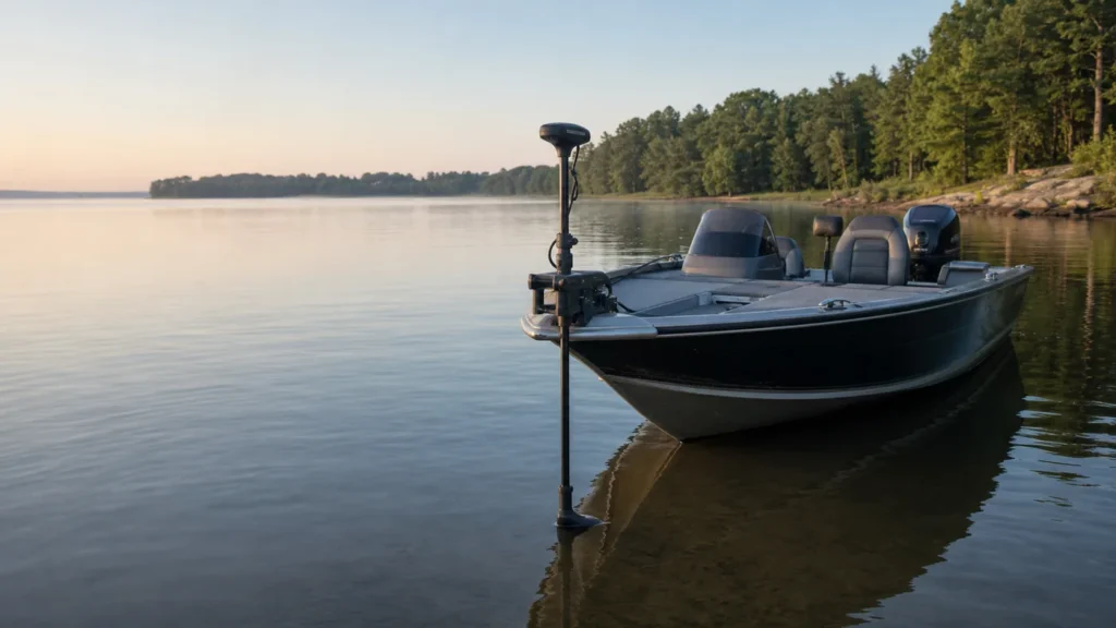 Fishing boat with a bow-mounted trolling motor on a calm lake