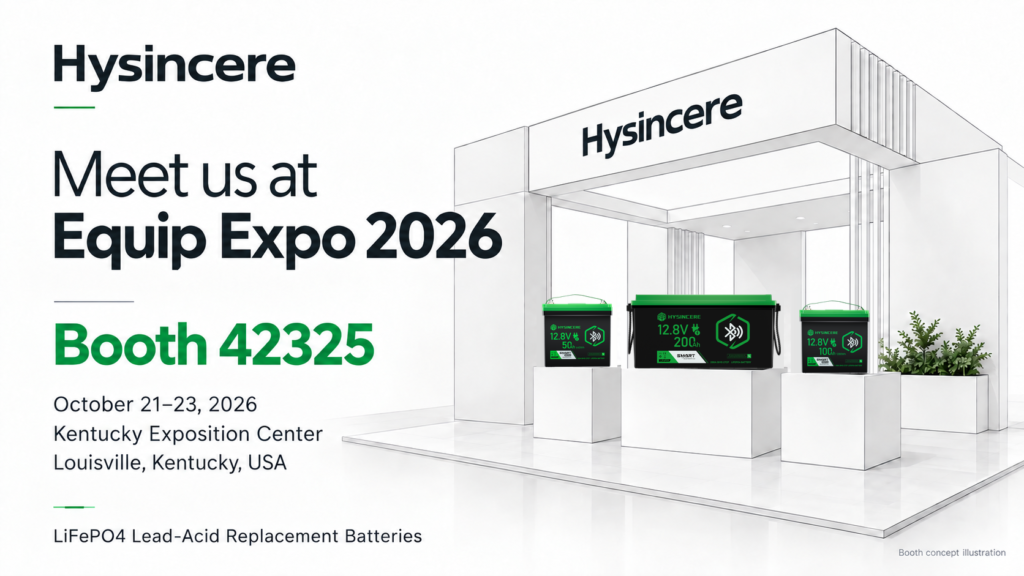Hysincere Equip Expo 2026 booth concept with 50Ah, 200Ah and 100Ah lead-acid replacement batteries on three white display stands