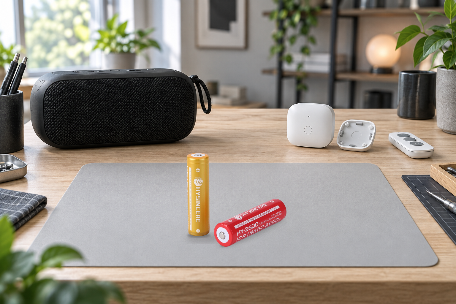 Yellow upright and red reclining Hysincere cylindrical batteries on a desk mat beside a portable speaker and smart-home devices