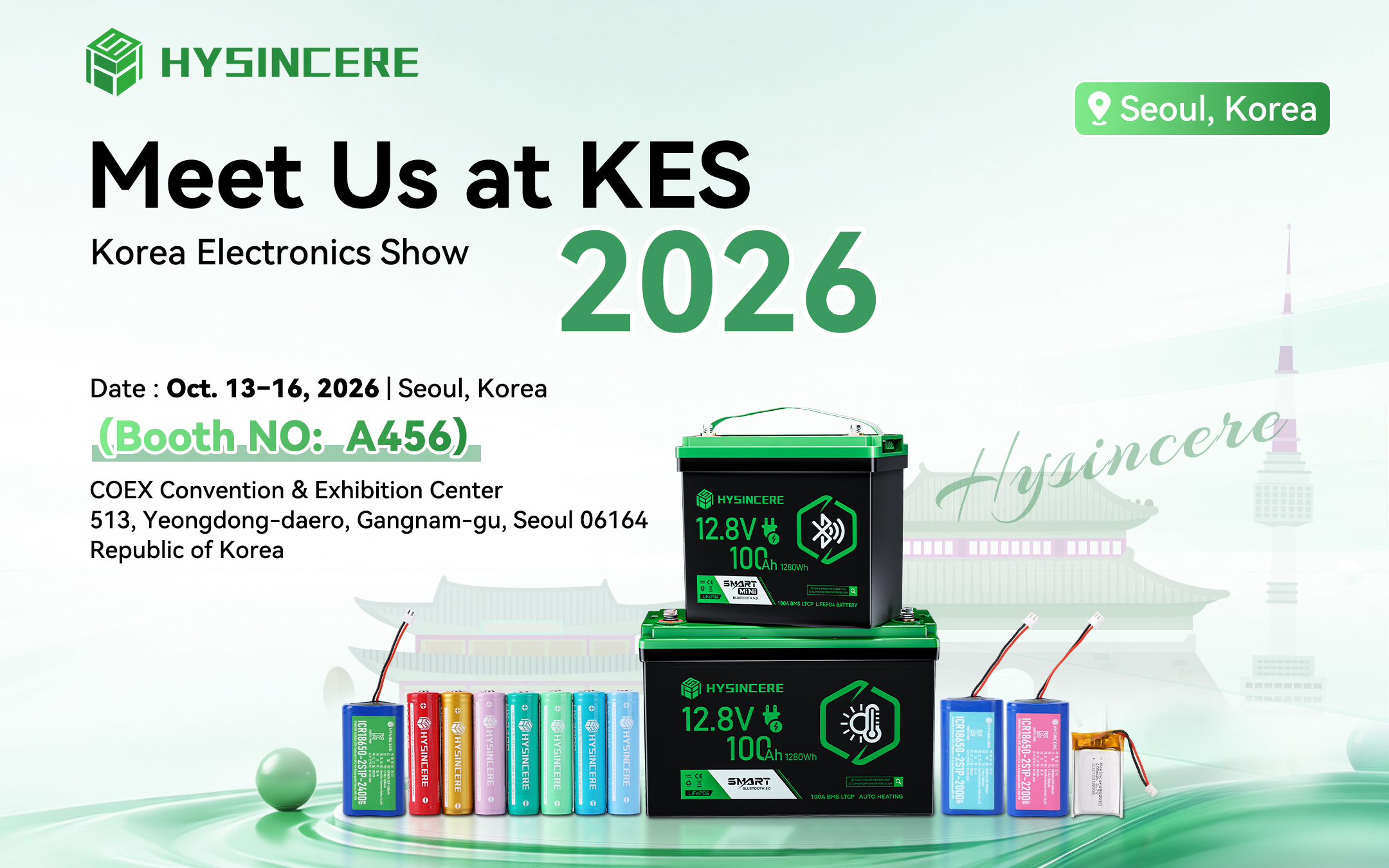 Hysincere KES 2026 invitation showing consumer battery cells, wired packs and LiFePO4 batteries, October 13–16 at COEX Seoul, Booth A456