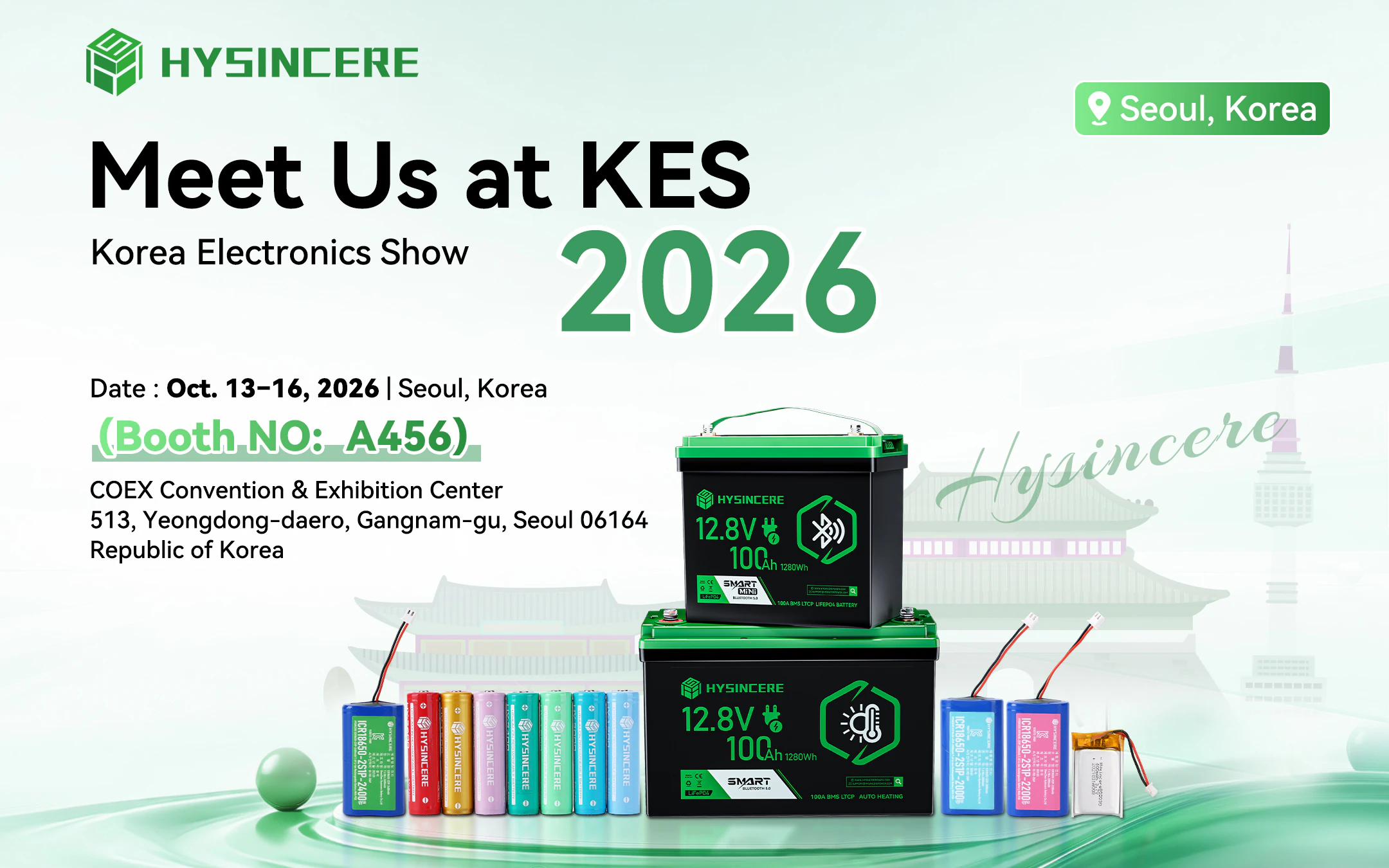 Hysincere KES 2026 invitation showing consumer battery cells, wired packs and LiFePO4 batteries, October 13–16 at COEX Seoul, Booth A456