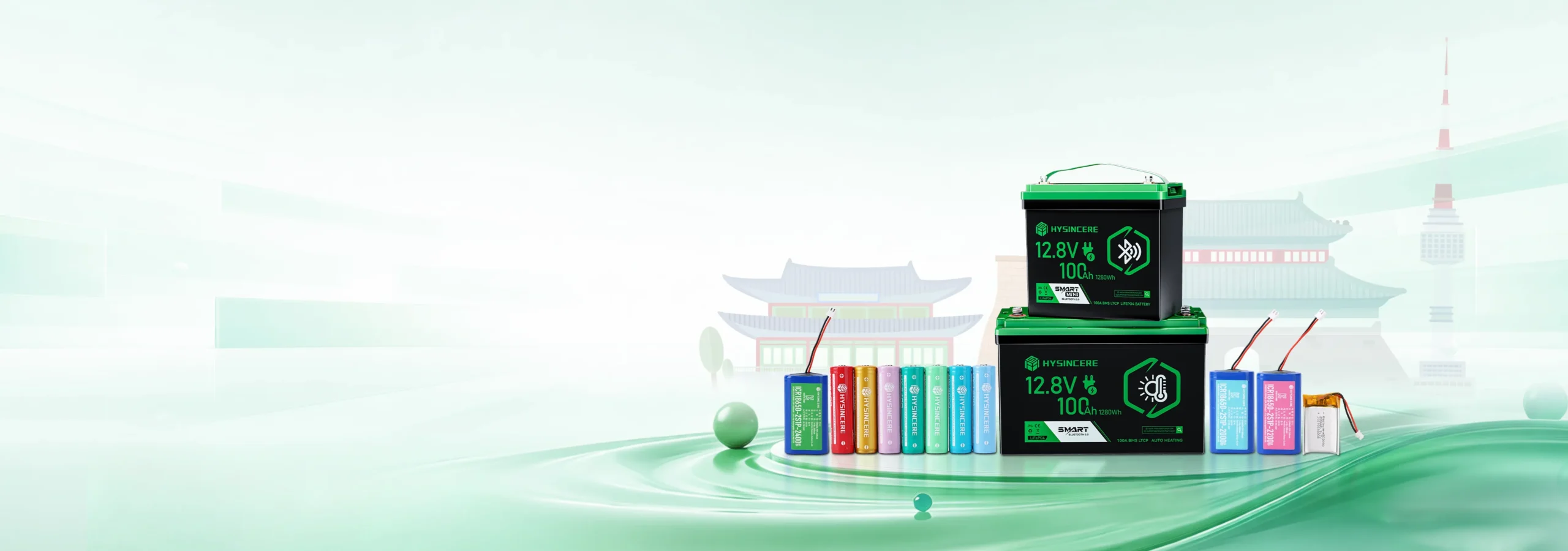 Hysincere batteries prepared for KES 2026 at COEX in Seoul, Korea, including KC consumer battery packs and 12.8V LiFePO4 batteries.