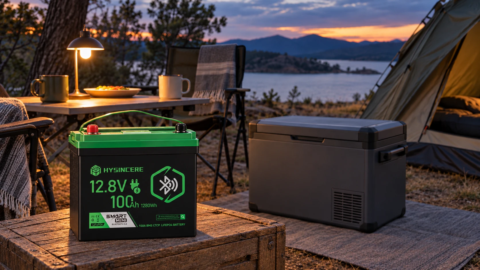 Hysincere LF12100N-B battery with a camping fridge and table lamp, application illustration