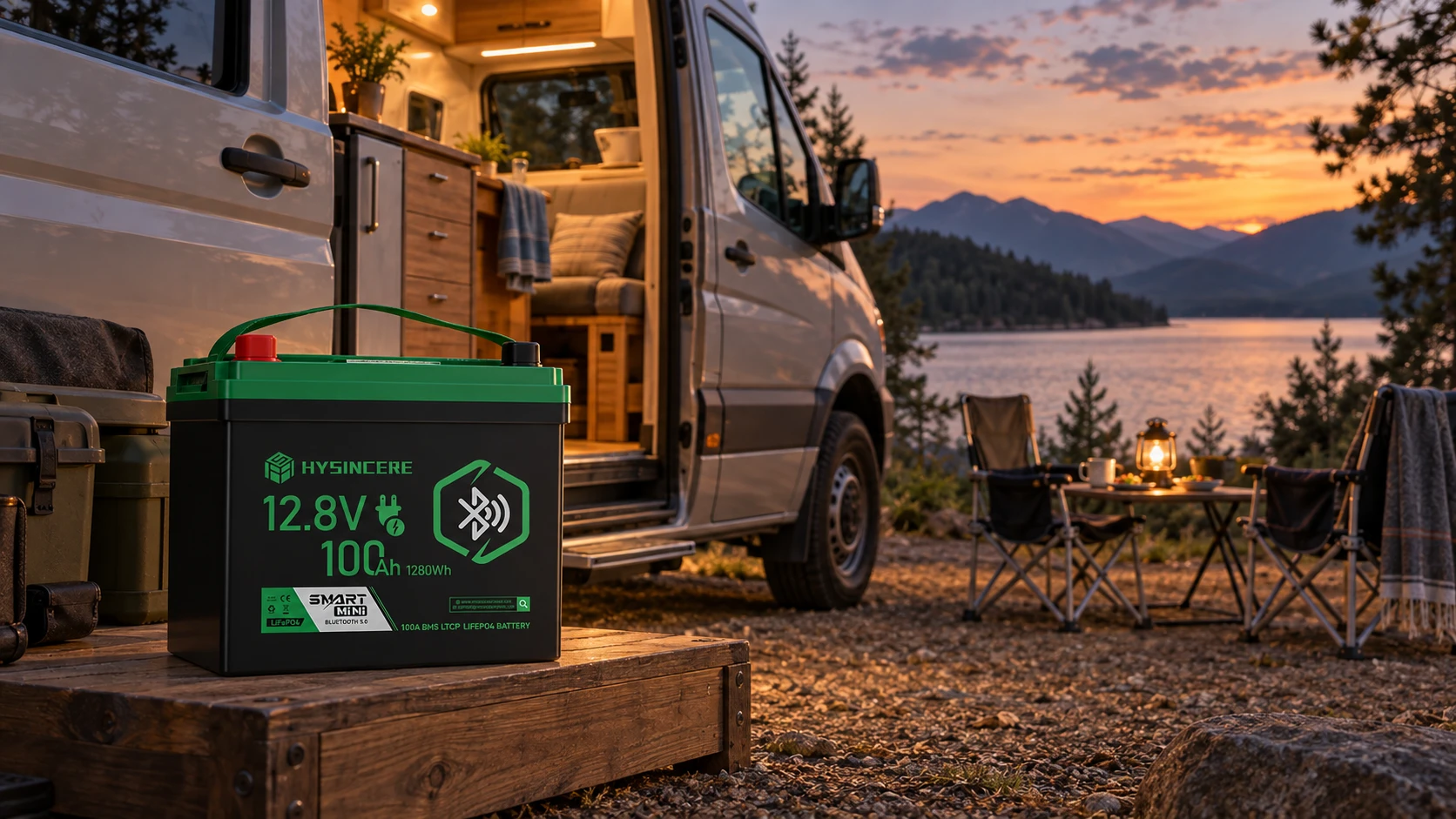 Hysincere LF12100N-B battery beside a camper van at dusk, application illustration