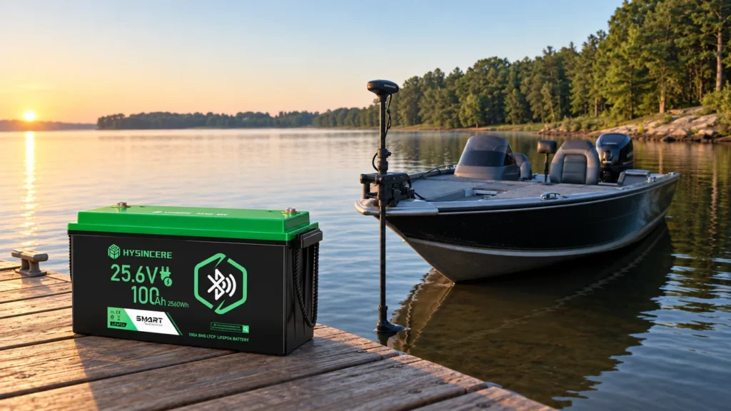 Hysincere LF24100N-B 25.6V 100Ah battery beside a fishing boat with a bow-mounted trolling motor