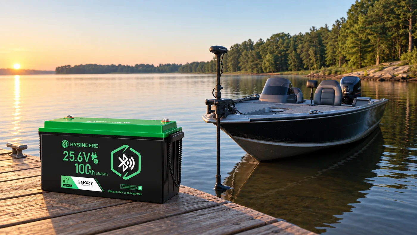 Hysincere LF24100N-B 25.6V 100Ah battery beside a fishing boat with a bow-mounted trolling motor