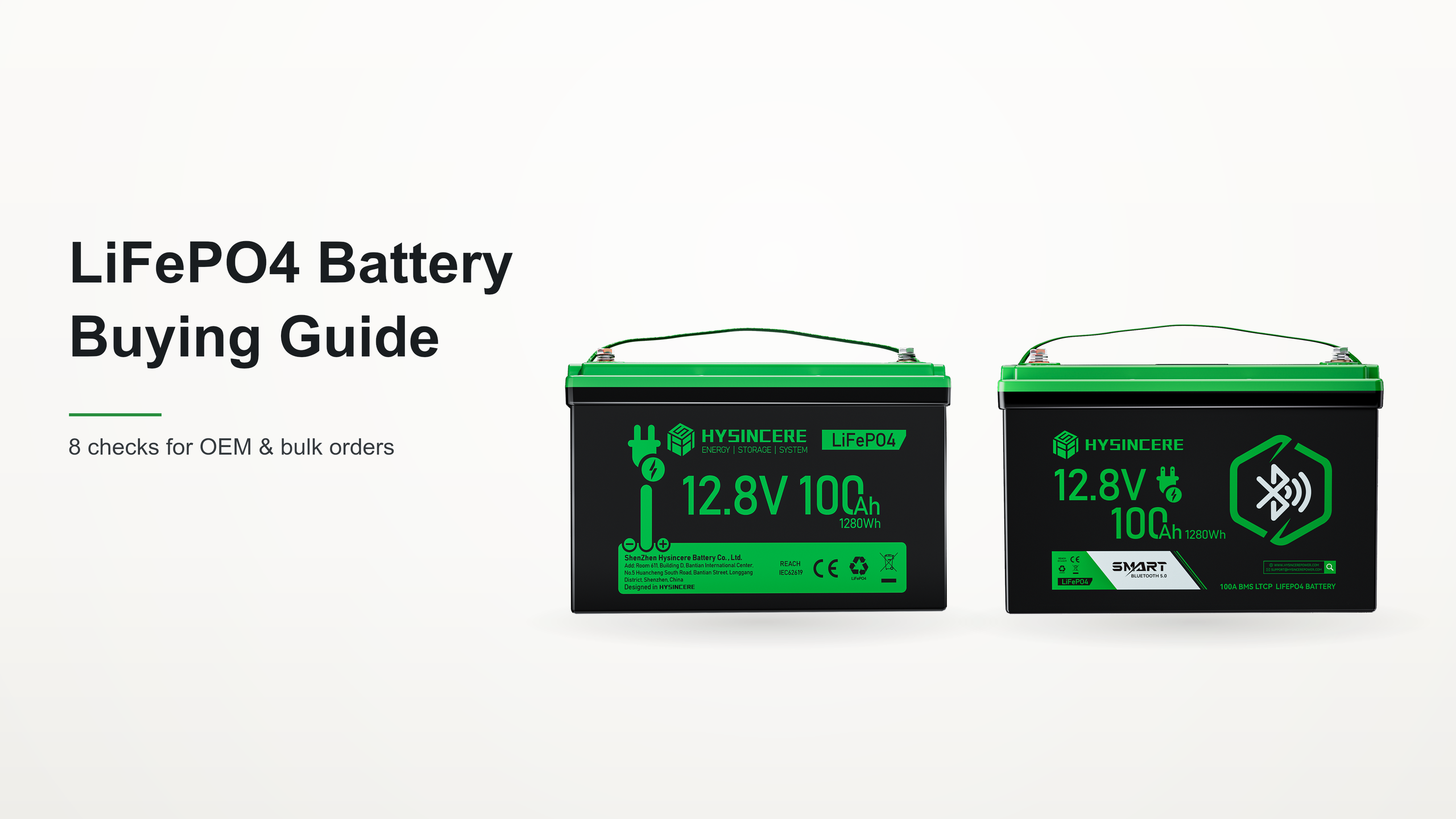 Hysincere standard and Bluetooth 12.8V 100Ah LiFePO4 batteries on an OEM and bulk buying guide cover