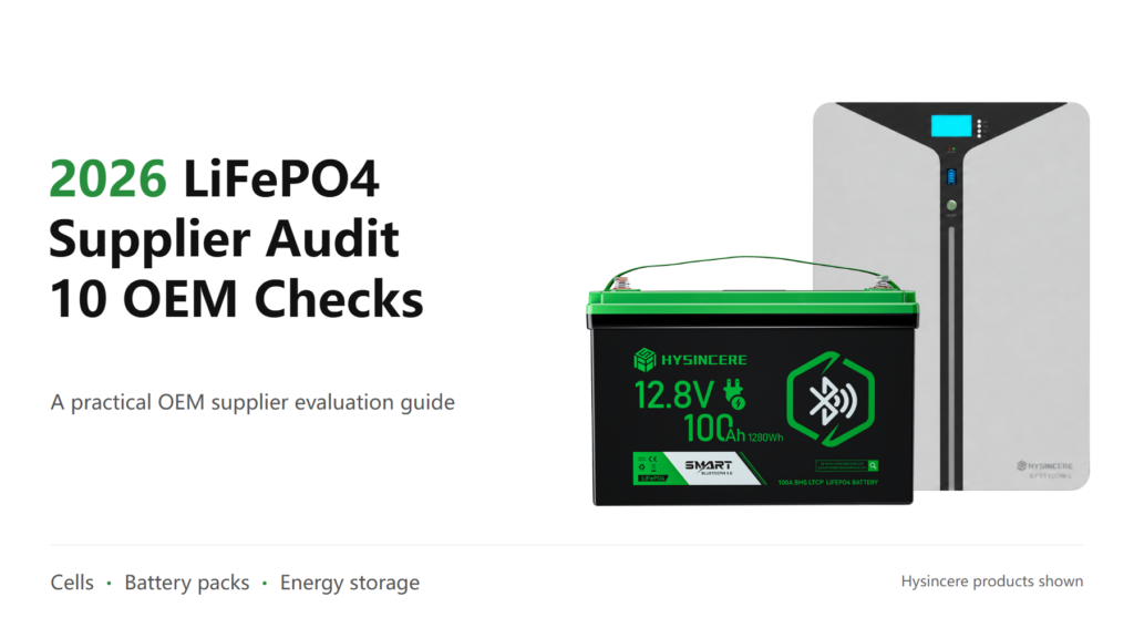 LiFePO4 supplier audit guide cover with Hysincere battery-pack and energy-storage products
