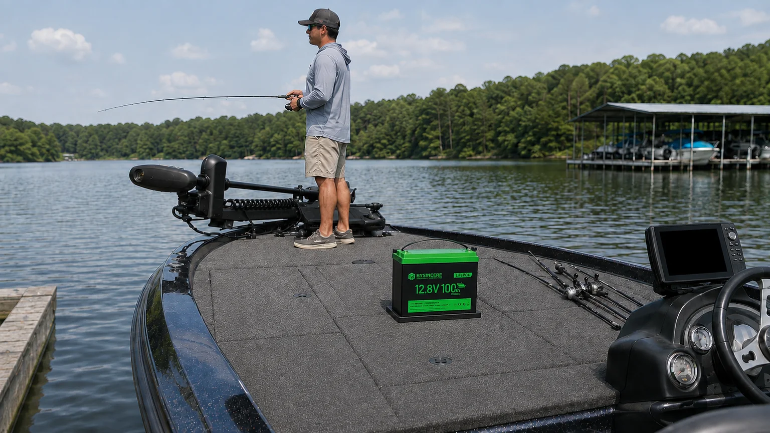 Angler fishing from a bass boat with a bow-mounted trolling motor and a Hysincere LF12100-HL-TM 12.8V 100Ah LiFePO4 battery on the deck beside a closed storage hatch