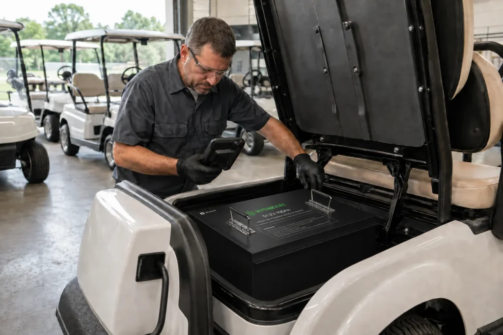 Technician reviewing a handheld diagnostic display beside a Hysincere 51.2V 105Ah LiFePO4 golf cart battery placed in the cart compartment, with no vehicle cable or test lead connected to the battery terminals