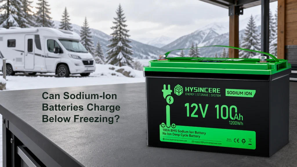 Hysincere sodium-ion battery in a winter RV scene with a headline about charging below freezing.