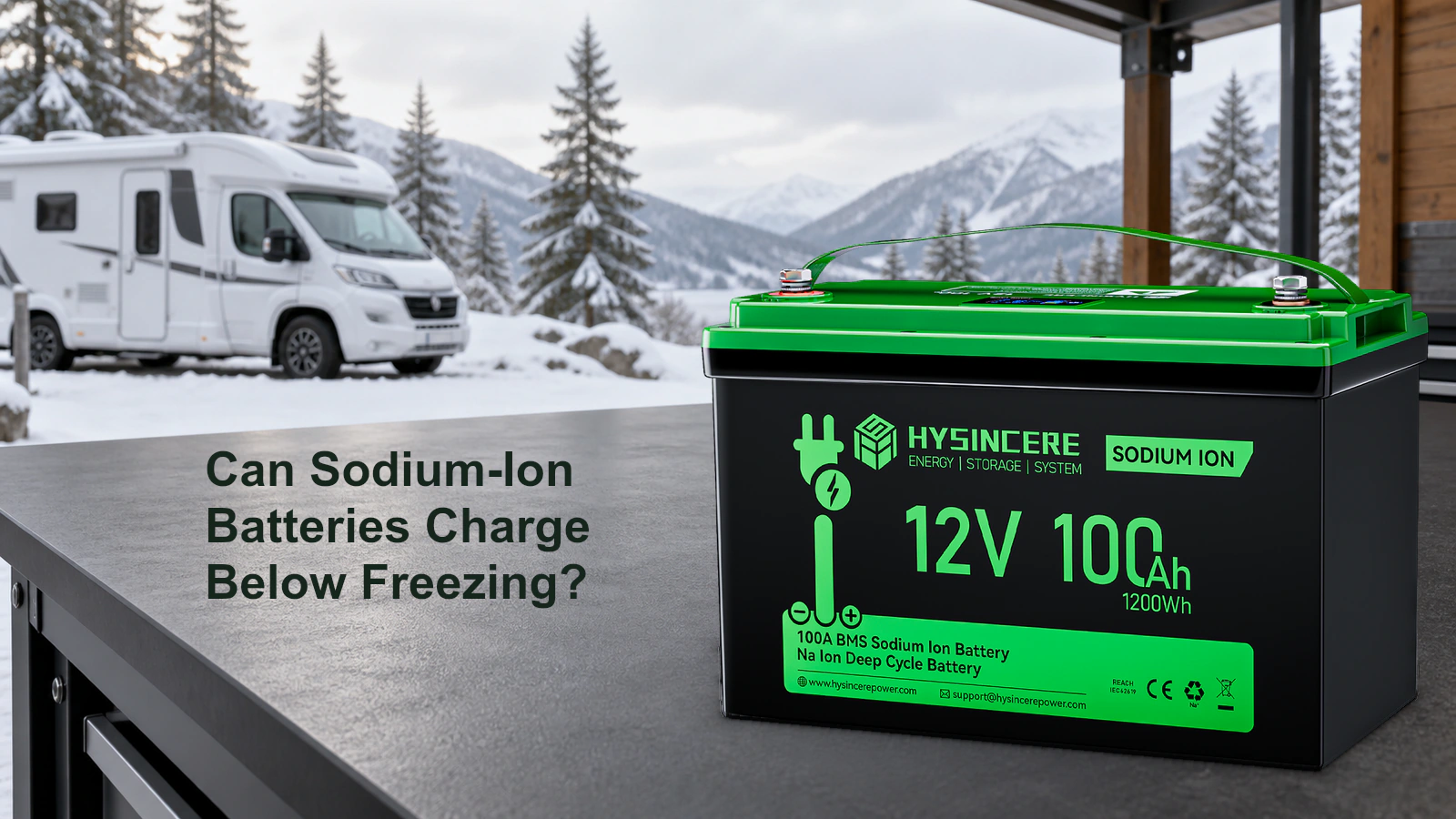 Hysincere sodium-ion battery in a winter RV scene with a headline about charging below freezing.