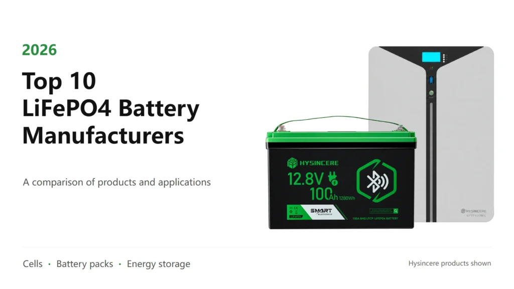 LiFePO4 battery manufacturer comparison cover featuring Hysincere Bluetooth and wall-mounted storage batteries